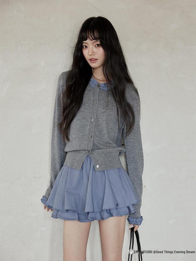 Yimeng 2025 Korean Style Patchwork Long Sleeve Knitted Cardigan for Women