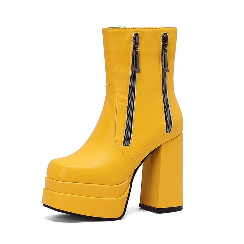 ANNYMOLI Cizme din piele PU pentru femei, cu platformă cu vârf rotund, cu toc înalt, cu fermoar, cizme scurte, pantofi de modă pentru femei, toamnă iarnă