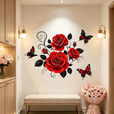 Valentine Rose Vine Butterfly Wall Sticker Self Adhesive Removable Red Flower Decal Dining Room Living Room Home Decor