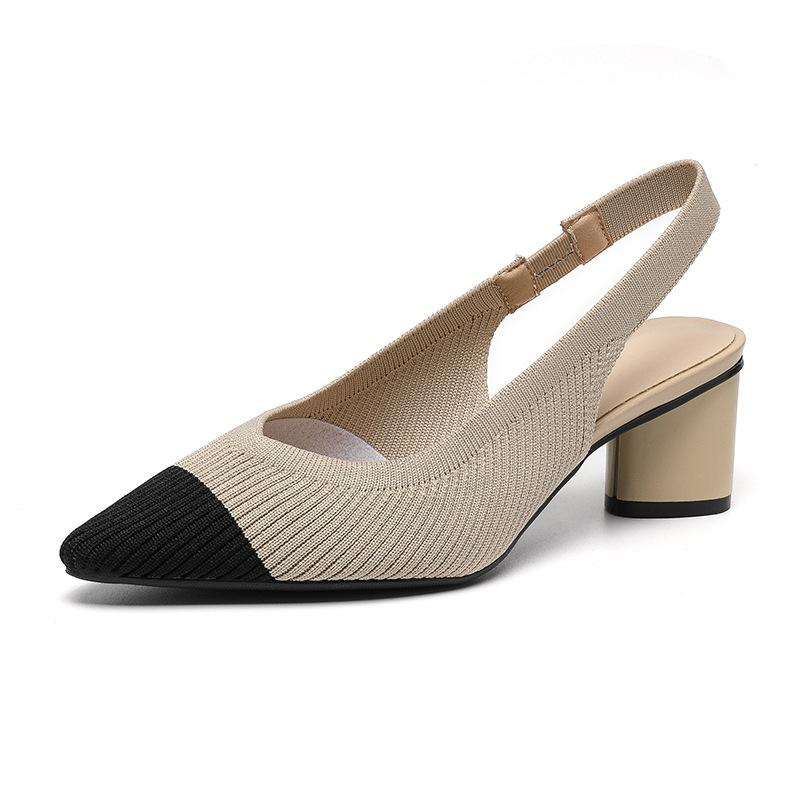 Women's Large Size Spring Sharp Pointed Toe Thick High Heel Single Shoes Casual Shallow Mouth Hollow Solid Color Buckle Knitted Sandals Shoes 34-43