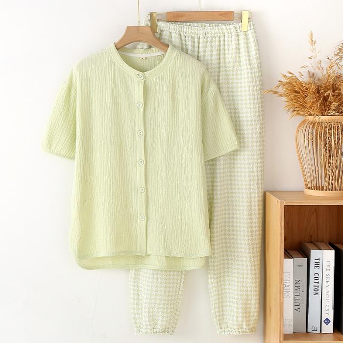 Женский летний пижамный комплект, Милый и очаровательный, Девочковый, Хлопок с рисунком облаков, С коротким/длинным рукавом, Маленький воротник M, L