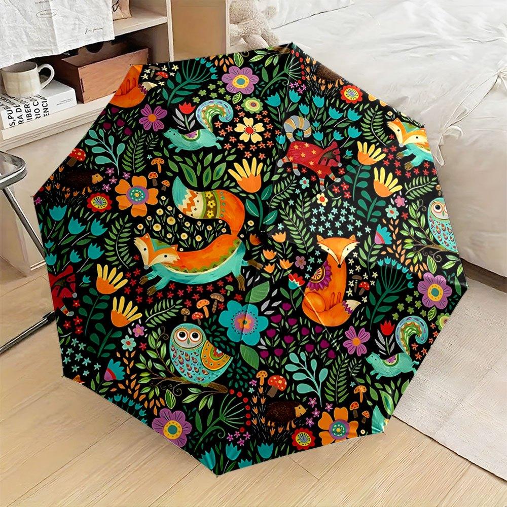 Automatic Folding Umbrella Whimsical Foxes, Owls, And Flowers on Black Background. Portable Collapsible Design, Casual Outdoor Iron&8K