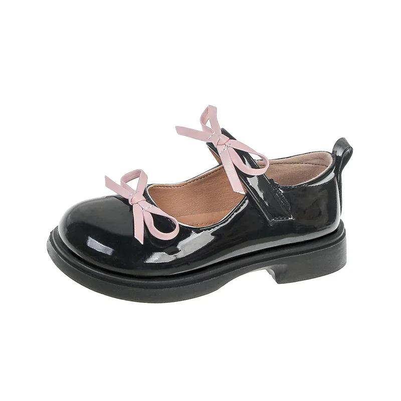 Girls Princess Shoes Non-slip Soft Sole Kids Leather Shoes Black Glossy 2025 New Fashion Children Performance Dance Shoes Bows