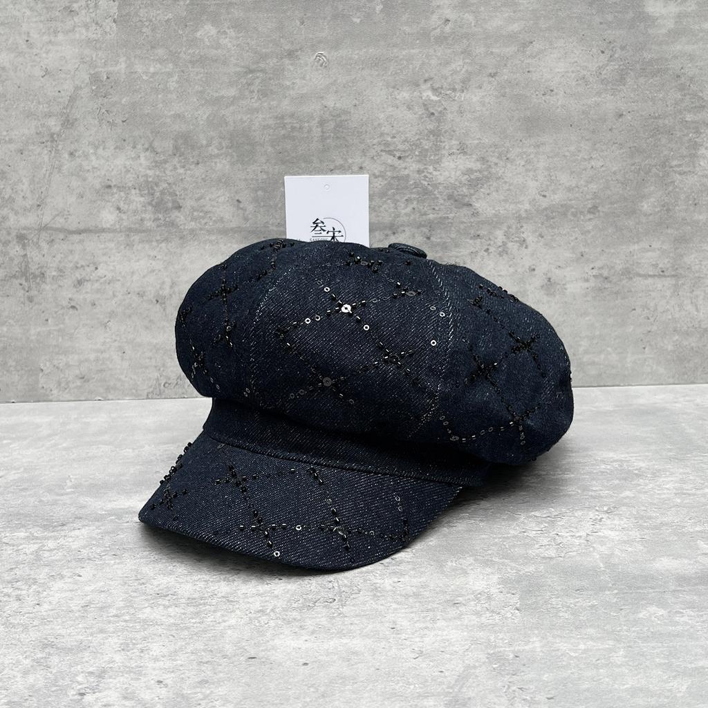 25 Stylish Small V-Face High Quality Plaid Sequins Washed Denim Octagonal Hat Women'S Street Beret
