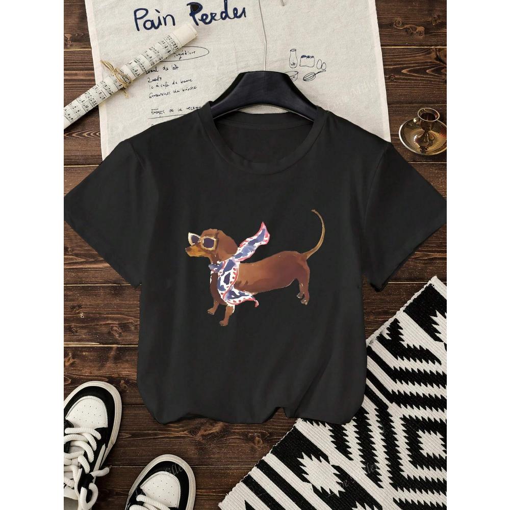 Lustiges Dackel-Print Baumwoll-T-Shirt Sommer Damen Freizeit Zuhause Reise Tee Rundhals Bequem Atmungsaktiv Y2k Oberteil