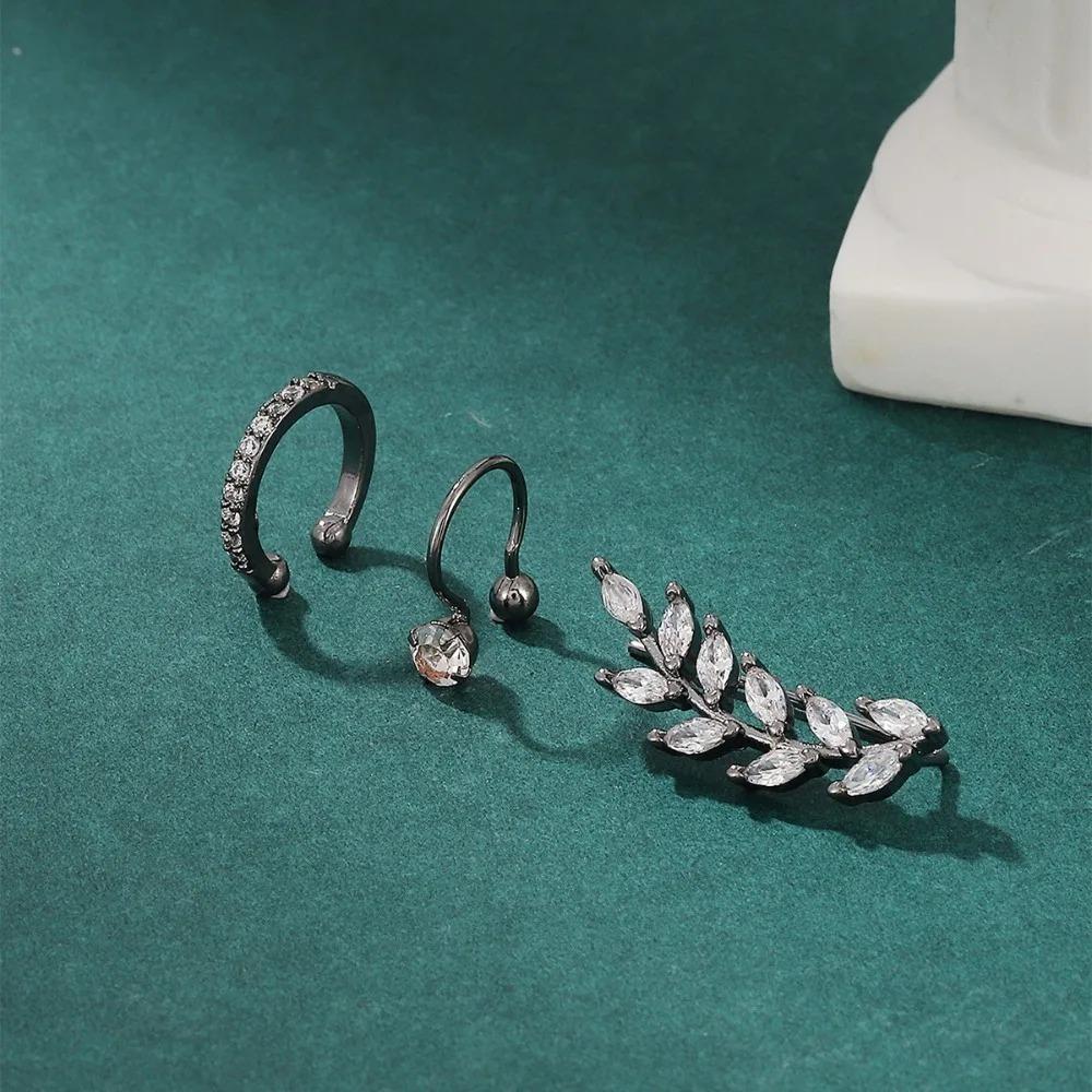 3pcs Set Temperament Charm Sparkly Inlaid Zircons Leaf Flower Sunflower Stud Earrings No Ear Piercing Ear Clip for Women Jewelry
