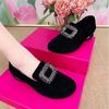 New round head rhinestone thick heel leather shoes spring rhinestone soft sole matte shallow mouth low heel single shoes