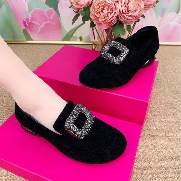 New round head rhinestone thick heel leather shoes spring rhinestone soft sole matte shallow mouth low heel single shoes