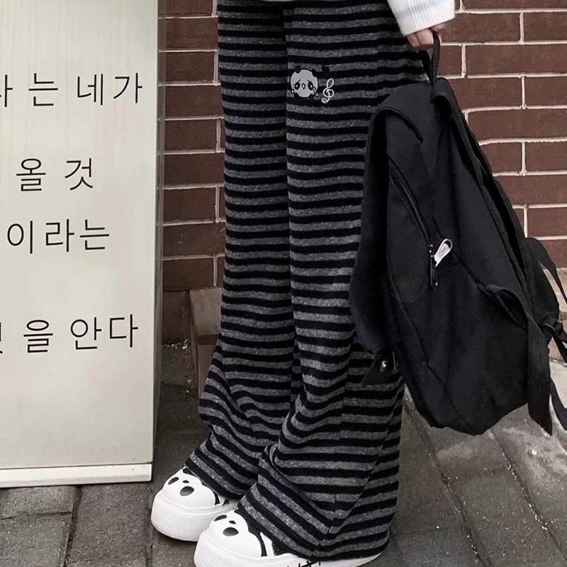 Harajuku Cartoon Embroidery Pants Women Kawaii Striped Loose Casual Korean Trouser Y2K Subculture Vintage Female Wide Leg Pants