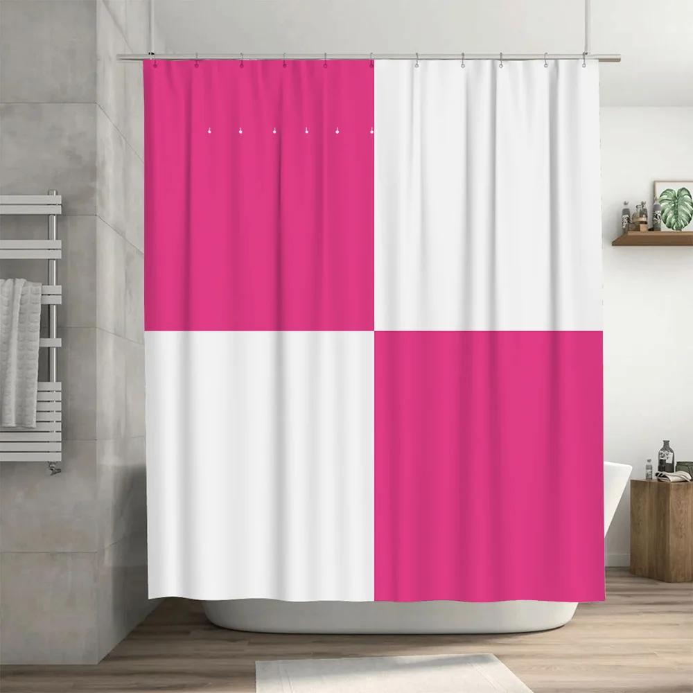 Bright Bath Shower Curtain Pink White Modern Design For Bathroom Decoration 72X84 Inches Waterproof Fabric With Plastic Eyelets