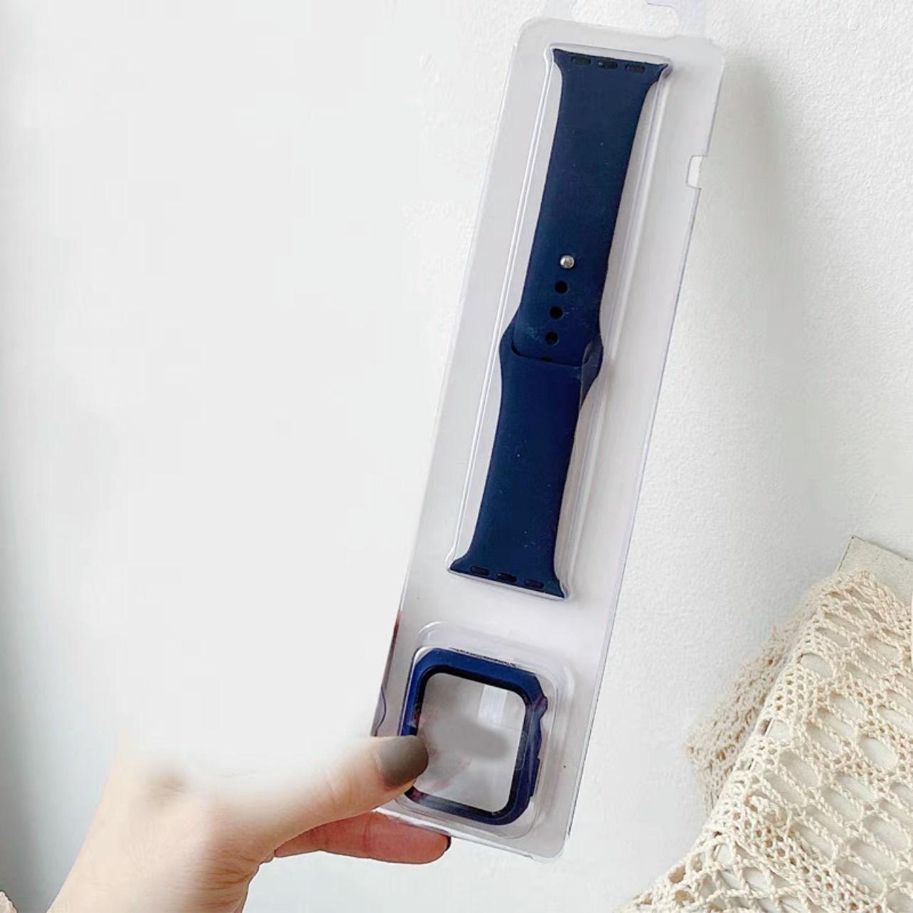 

Стекло + чехол + ремешок 3 в 1, защитный корпус для Apple Watch, силиконовый защитный чехол iWath, чехол для ремешка для часов 2 в 1 для iWatch 2, 3, 4, 5, 6 iWatch 1/2/3-38mm темно-синий