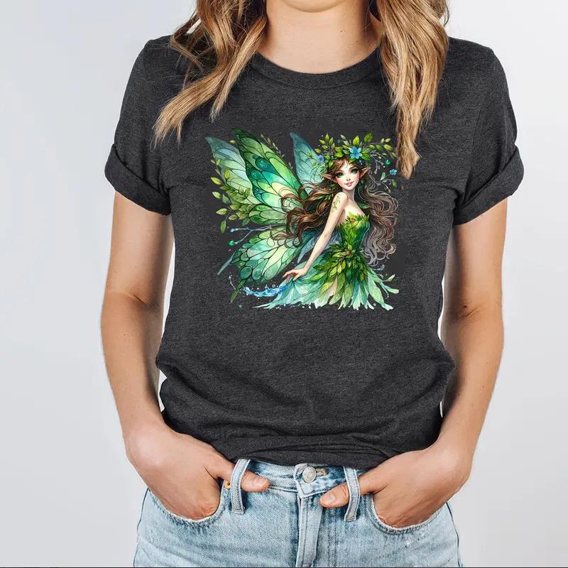 Modna Damska Koszulka Zielona z Nadrukiem Dżina Zabawna Casualowa z Okrągłym Dekoltem i Krótkim Rękawem Letnia Damska