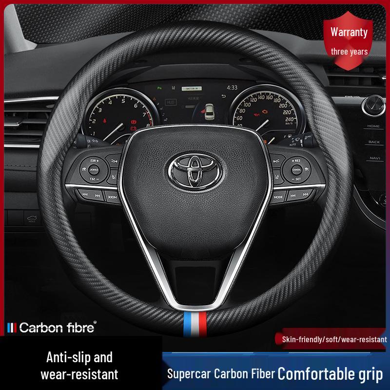Genuine Leather Steering Wheel Cover for Toyota Camry, Corolla, Highlander, Levin, Vios with Carbon Fiber Handlebar