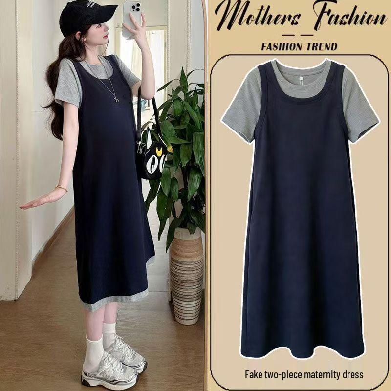 

Comfortable Color Block Maternity Dress - Short Sleeve, Mid-Length, Faux Two-Piece, Plus Size Summer Wear XXL [140-160 jin]