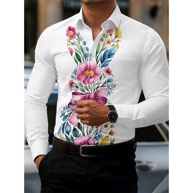Men's Fashion Red Rose Print Long-Sleeve Shirt, Stylish Casual Design, Spring/Autumn Casual Shirt, Sizes XS-6XL