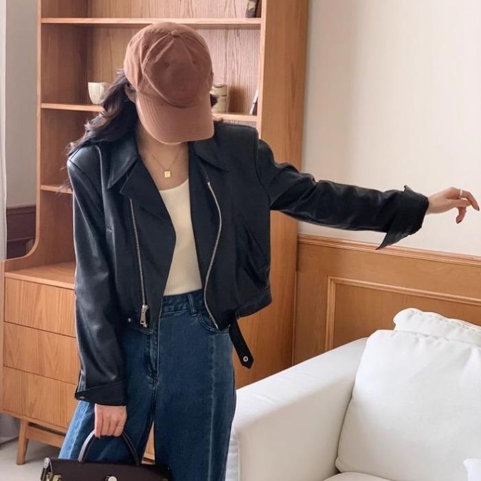 Jachetă scurtă pentru motocicletă, elegantă, cafea, haină din piele PU pentru femei, cu Design Sense