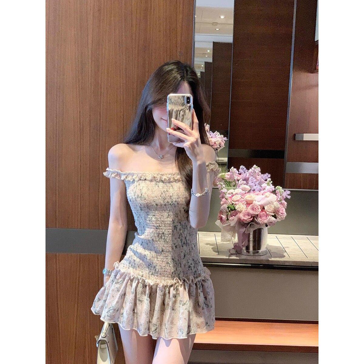 

Waist-Cinching 2026 Floral One-Shoulder Short Dress with Elastic Waist - New Summer Style for Women Medium