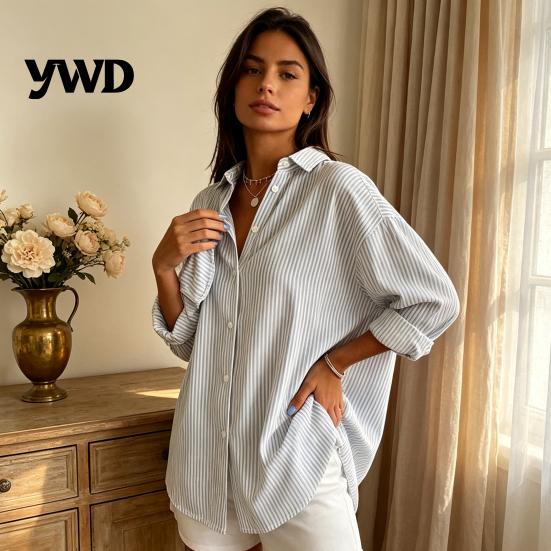 Chemise d'automne pour femme à rayures pour l'automne, à boutons, simple, à manches longues, col, haut décontracté chic, machine
