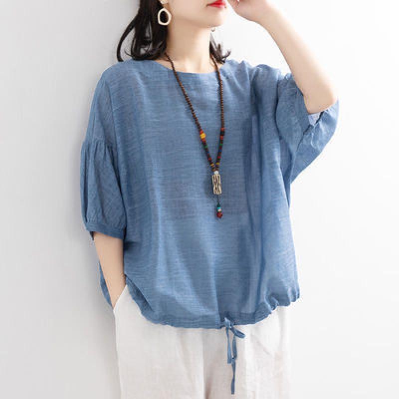 Summer Women's Drawstring Round Neck Loose Oversized Casual T-shirt for Women