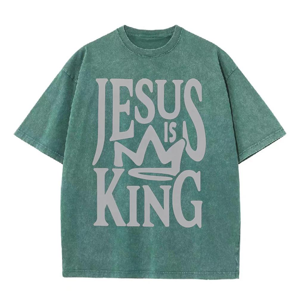 2026 Jesus Is King Crown Letter Graphic Black Acid Washed T Shirt Christian Faith Casual Oversized Unisex Short Sleeve Streetwea