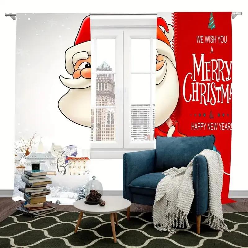 Christmas Curtains Santa Claus Printed Home Decoration Room Set Of 2 Made Polyester