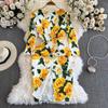 Summer Runway Fashion Rose Flower Print Bodycon Dress Women Holiday O-Neck 3/4 Sleeve Elegant Split Midi Party Dresses