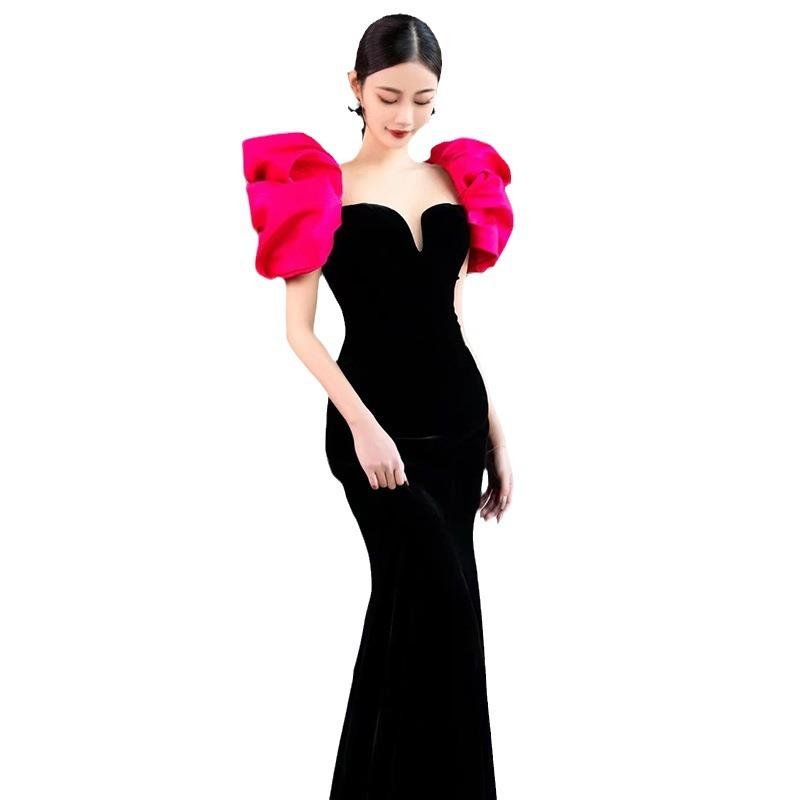 Black Fishtail Evening Dress Velvet Temperament Long Annual Meeting Dress Hosting Graduation Performance Clothes Bubble Sleeves Toast Clothes