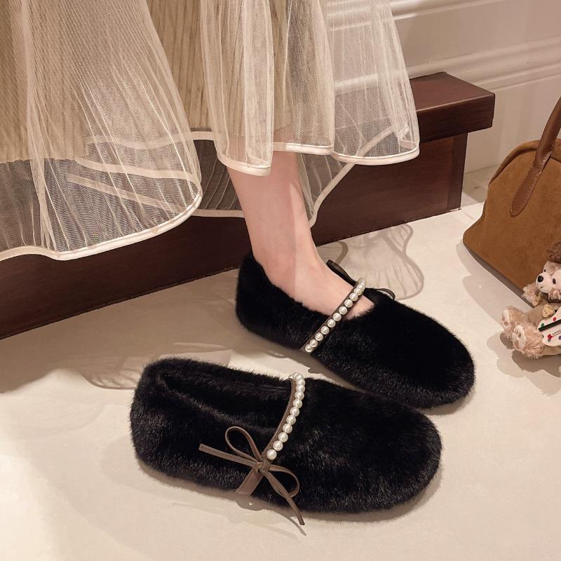 Pearl Velvet Flat-bottomed Beanie Shoes Women's Winter Warm Lazy Bow Fluffy Shoes Women