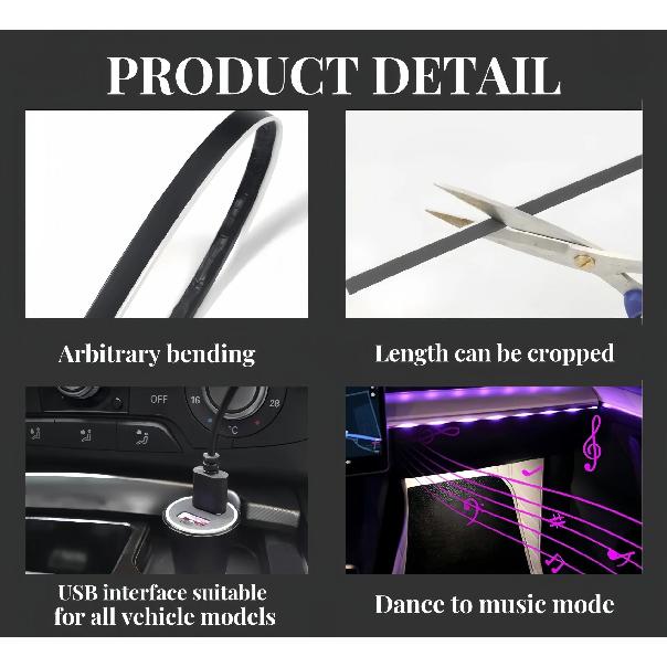 Colorful LED Car Interior Hidden App Remote Control Atmosphere Lamp USB Car Ambient Light Acrylic Strips Dashboard Lights RGB