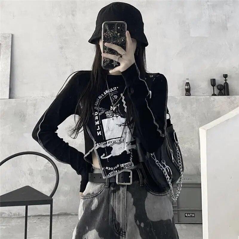 VAYLA Gothic Goth Style Tshirt Women Autumn Long Sleeve Grunge Crop Tops Vintage T-shirt Harajuku Tees Streetwear Clothes Punk