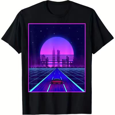 80s Synthetic Wave Racing Printed T Shirt with Retro Street Style, A Must-have for Men