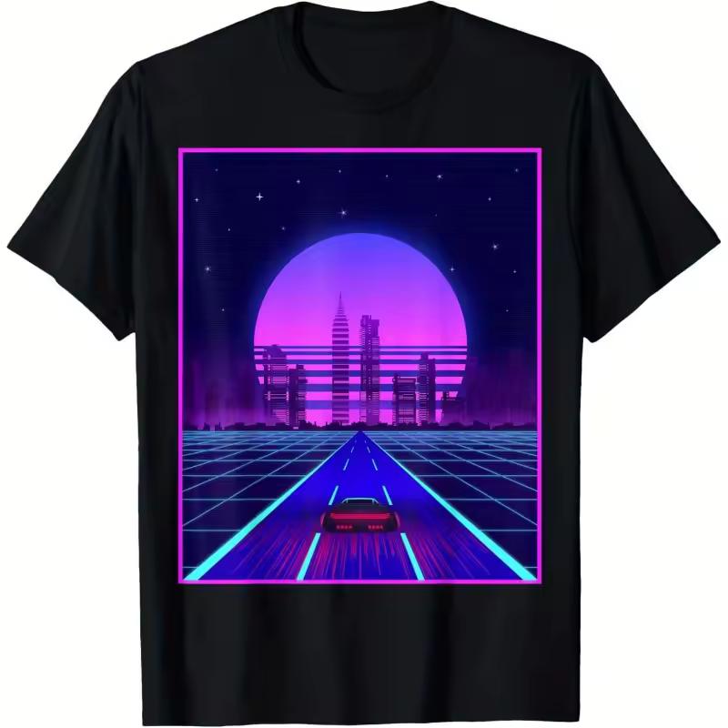 80s Synthetic Wave Racing Printed T shirt with Retro Street Style, A Must-have for Men
