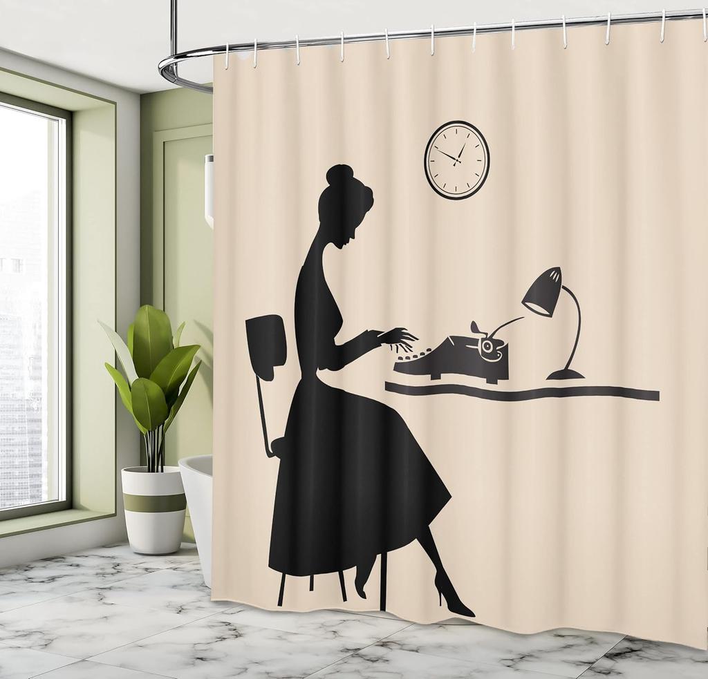 Typewriter Woman Shower Curtain Vintage Office Silhouette Design Retro Style Artistic Theme Bath Decor Waterproof Fabric