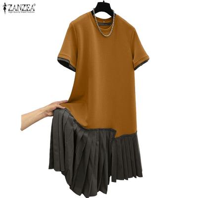 Women Casual Round Neck Summer Short Sleeve Patchwork Dress