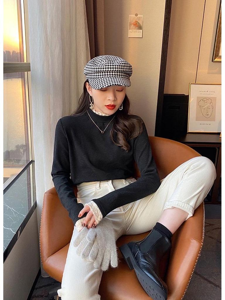 Women's Velvet Lace Half-High Collar Shirt: Stylish, Warm, Long-Sleeved Top for Spring, Autumn, Winter 2026