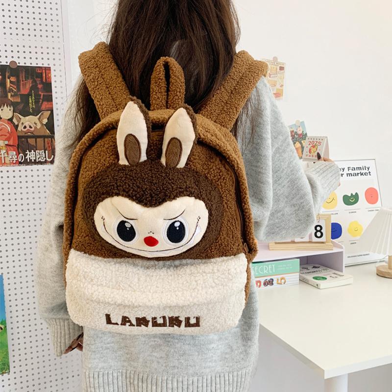 LABUBU Kreslená taška na kampus Plyšová taška Roztomilý batoh z jehněčí vlny Velkokapacitní Lehký Batoh odolný proti opotřebení