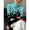 Women's Autumn and Winter Cheongsam Collar Long Sleeves, Sky Blue Flower Print T-shirt, Suitable for Autumn and Winter Wear