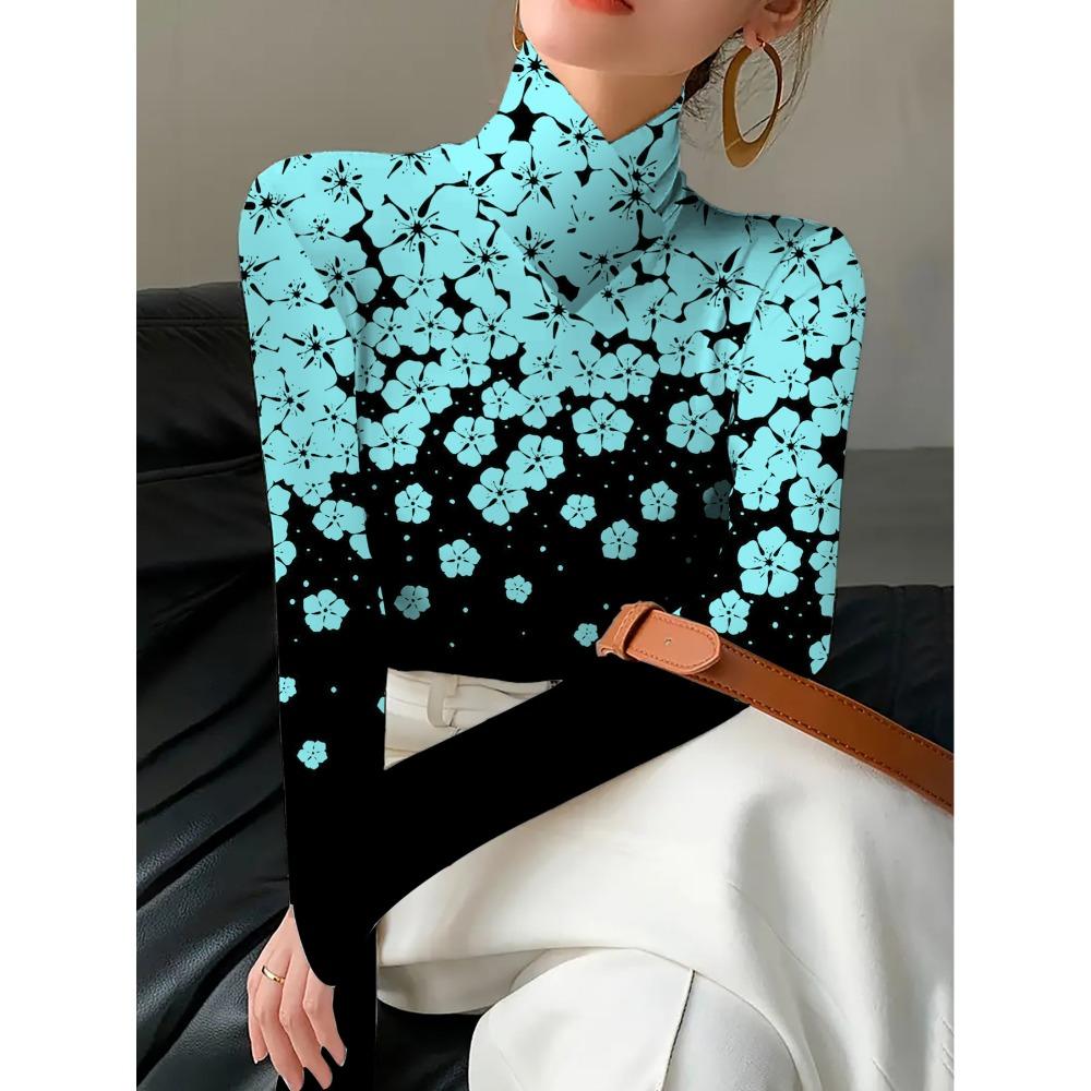 Women's autumn and winter cheongsam collar long sleeves, sky blue flower print T-shirt, suitable for autumn and winter wear