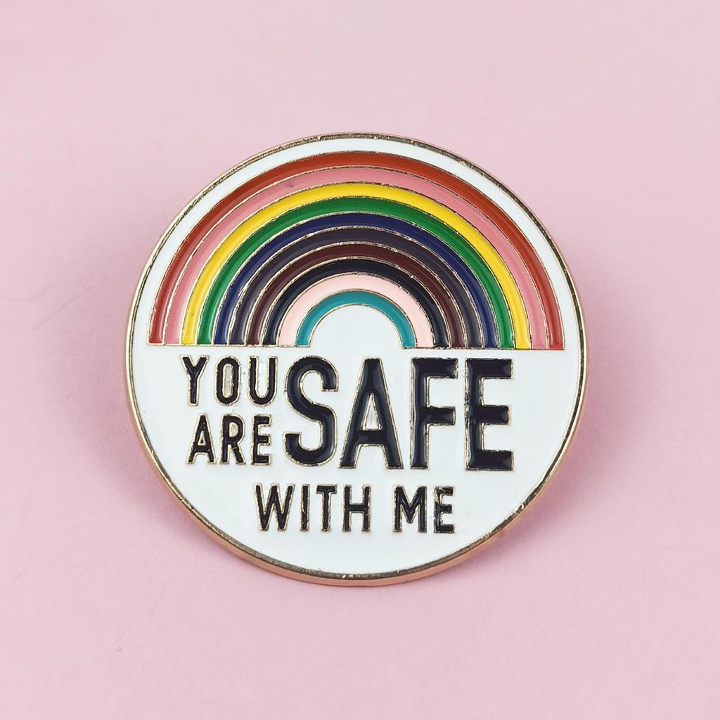 Rainbow Pattern Alloy Drip Oil Round Badge Brooch - English Letters Pin Corsage Accessory