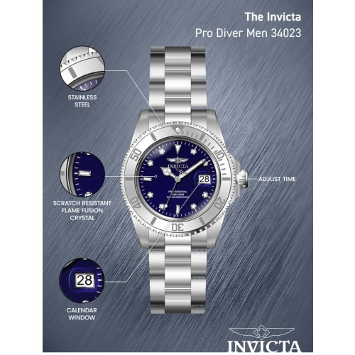 Invicta Men's Pro Diver Quartz Watch with Stainless Steel Strap, Silver, 20 (Model: 34023)