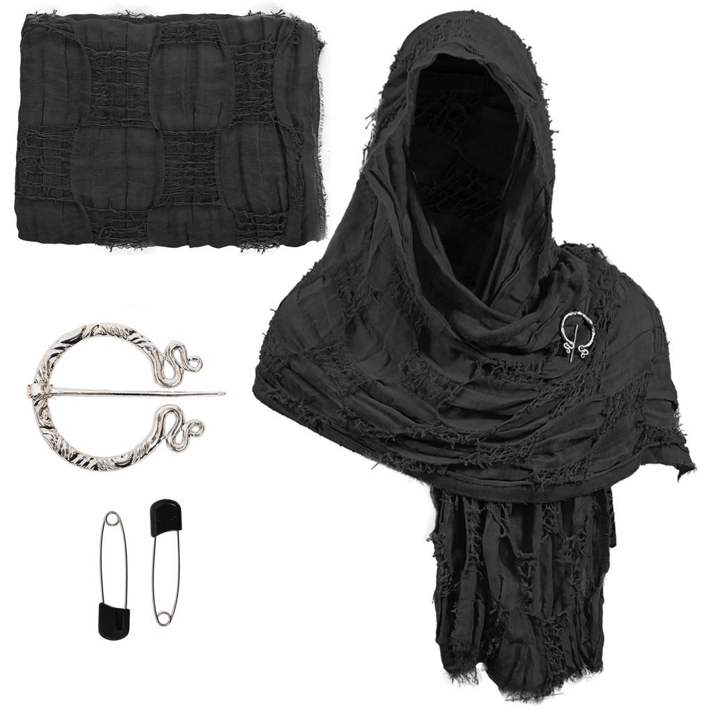 Medieval Shawl Wrap Post Apocalyptic Cosplay Cloak Breathable Cotton Blend Distressed Scarf with Pin for Halloween Party