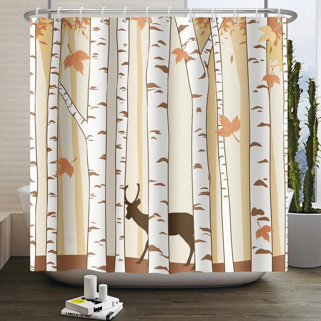 Forest Animals Shower Curtain jungle Trees Plant Wildlife Bird Bear Elk Fox Deer Modern Minimalist Kids Bathroom Shower Curtain