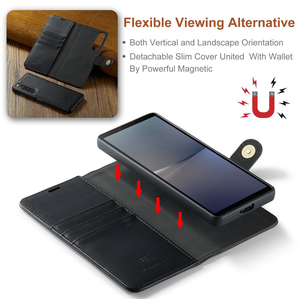 DG.MING Detachable Magnetic Phone Case for Sony Xperia 10 V Shockproof Split Leather Wallet Phone Cover