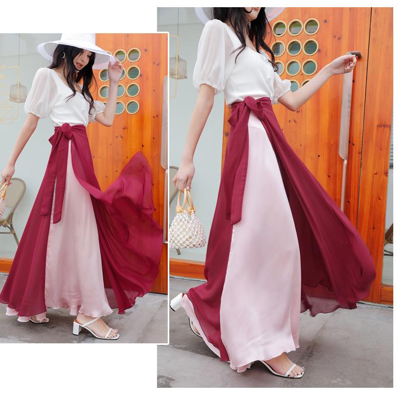 Two-Tone Satin Chiffon Lace-up Dance Midi Skirt for Women