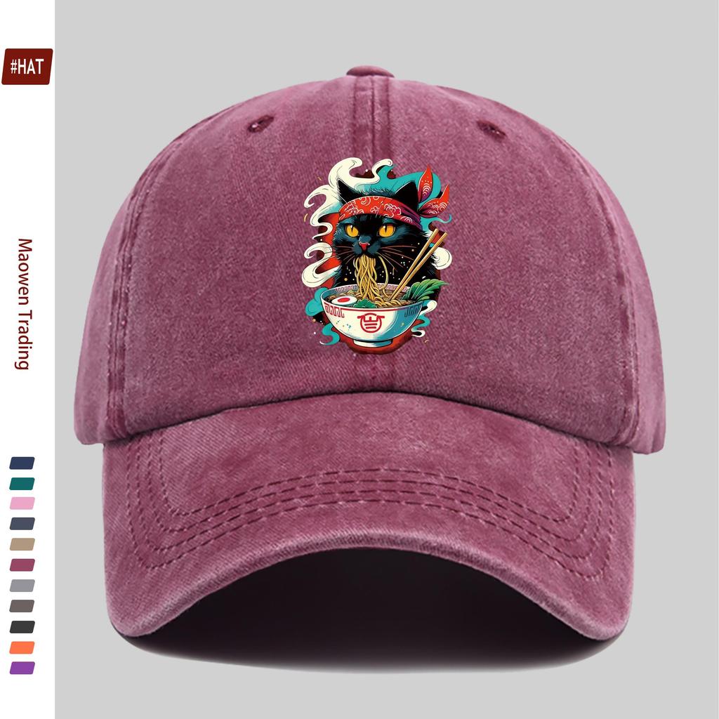 pc Japanese Anime Cat Ramen Print Trucker Cap Adjustable Buckle Strap Washed Baseball Hat Suitable for Men Women Vintage