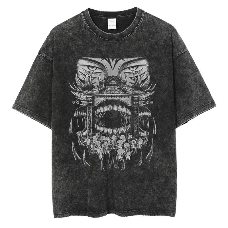 Vintage Gewaschenes Herren T-Shirt Anime Jujutsu kaisen Kurzärmelig Oversized Harajuku Herren Kleidung Tee Hip Hop Unisex Baumwolle Hohe Qualität Kurze Ärmel