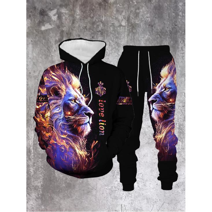

Men S Casual Outfit Featuring a 3D Printed Lion Flame Galaxy Hoodie And Sweatpants, Perfect for Street Style in Winter And Fall S