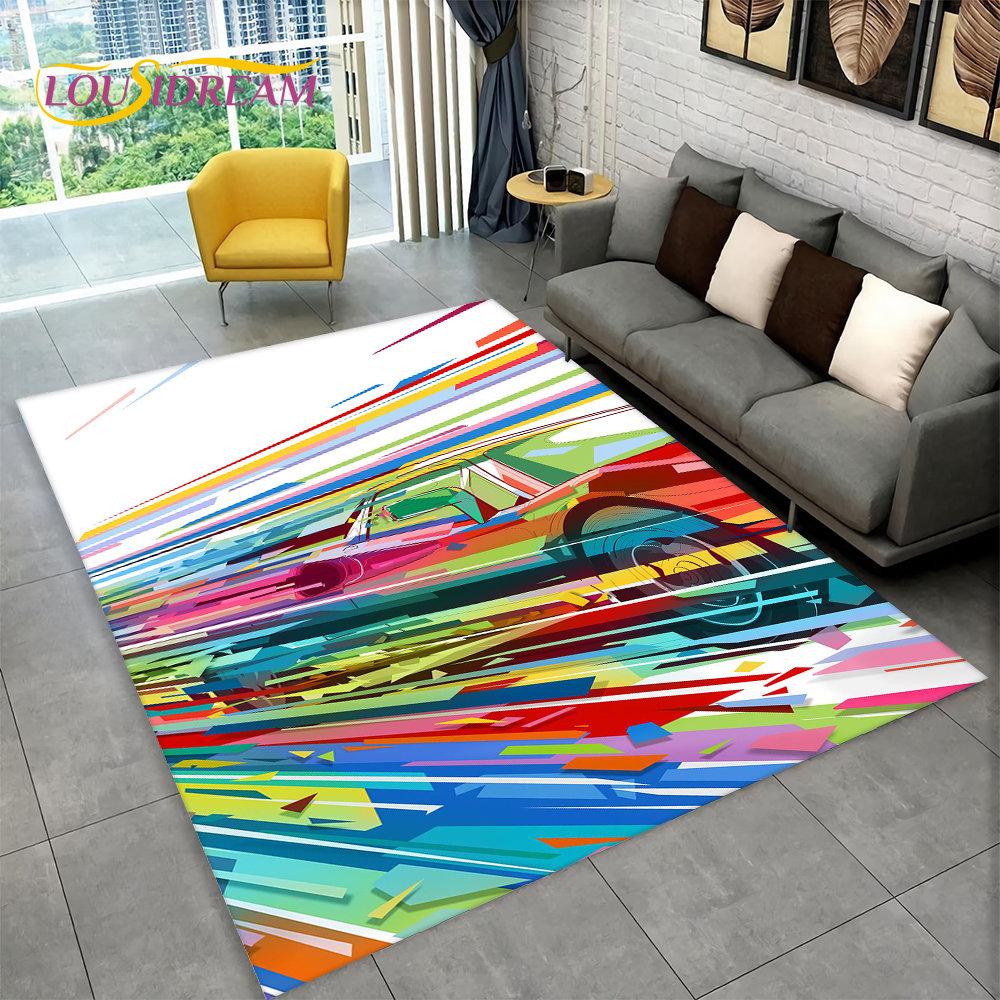 Großer 3D-Teppich mit Rennwagen, Teppich für Zuhause, Wohnzimmer, Schlafzimmer, Sofa, Fußmatte, Dekor, Kinderspiel, Küche, rutschfeste Bodenunterlage