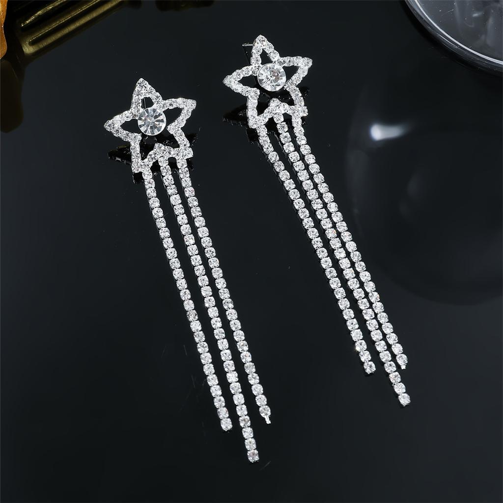 Pentagram Full Diamond Rhinestone Long Fringed Earrings for Women