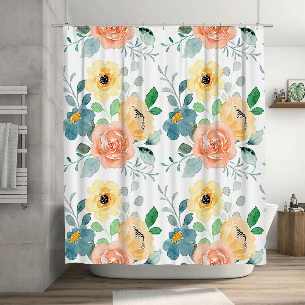 Luxury Floral Printed Shower Curtain Waterproof Bath Mat Rug Decorative Wall Hanging Home Decoration White with Pink Flowers Yel